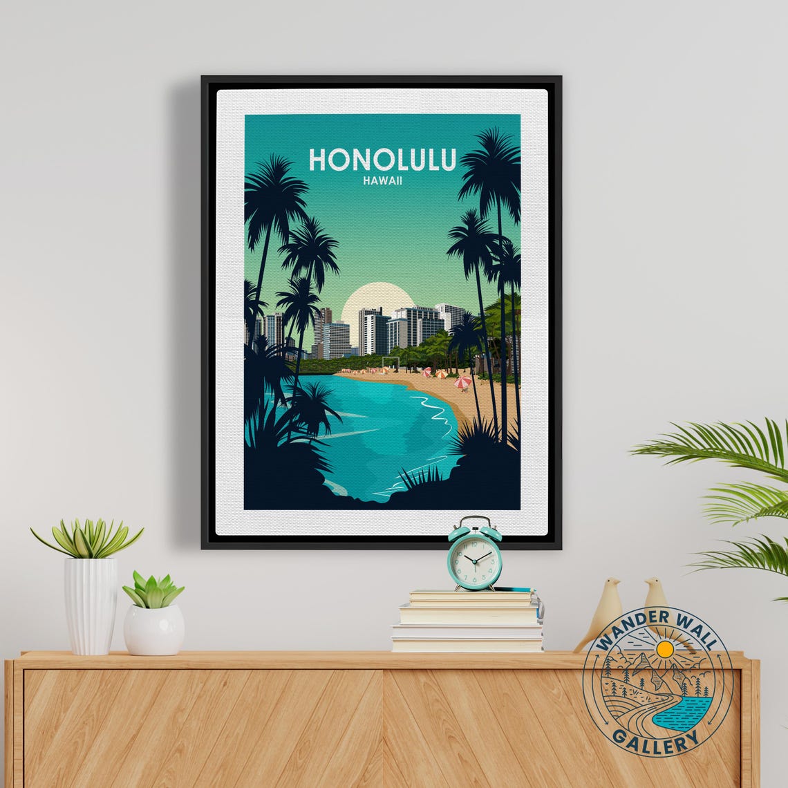 Honolulu Hawaii Waikiki Beach Palms Skyline Sunset Travel Poster - Image 5
