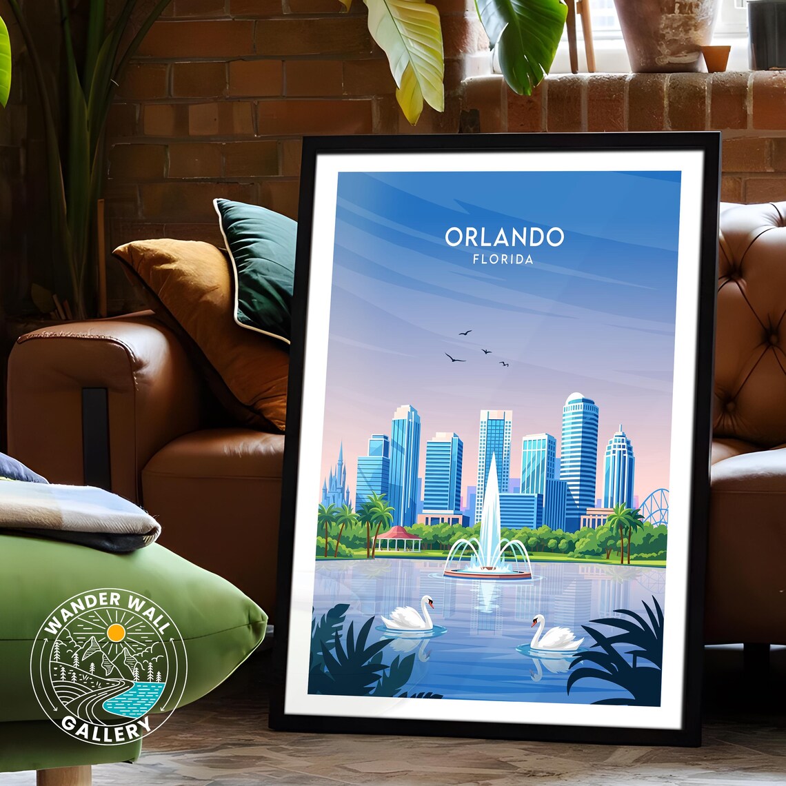 Orlando Florida Skyline Lake Fountain with Swans Travel Poster - Image 6