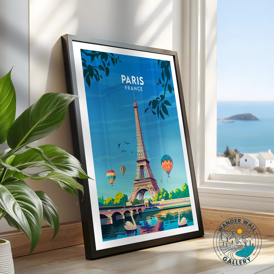Paris France Eiffel Tower Hot Air Balloons River Swans Poster - Image 2