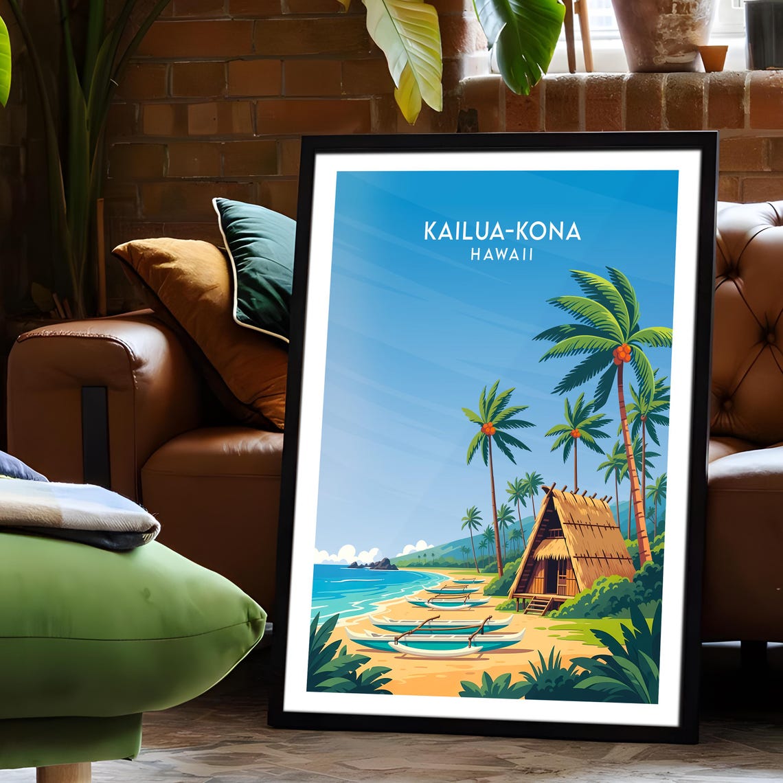 Kailua Kona Hawaii Thatched Hut Outrigger Canoes Beach Retro Poster - Image 6