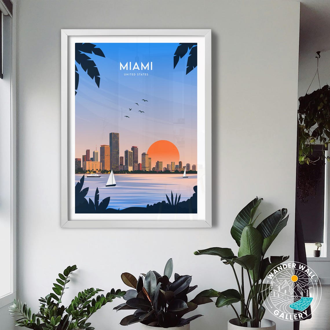 Miami Florida Sunset Skyline Palm Trees Sailboats Bay Travel Poster - Image 3