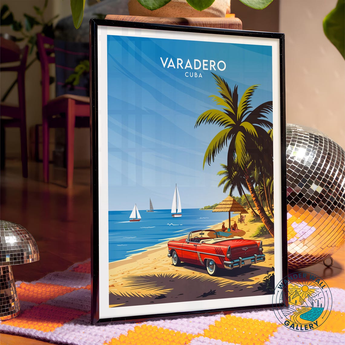 Varadero Cuba Red Classic Convertible Beach Palm Sunset Poster - Image 4