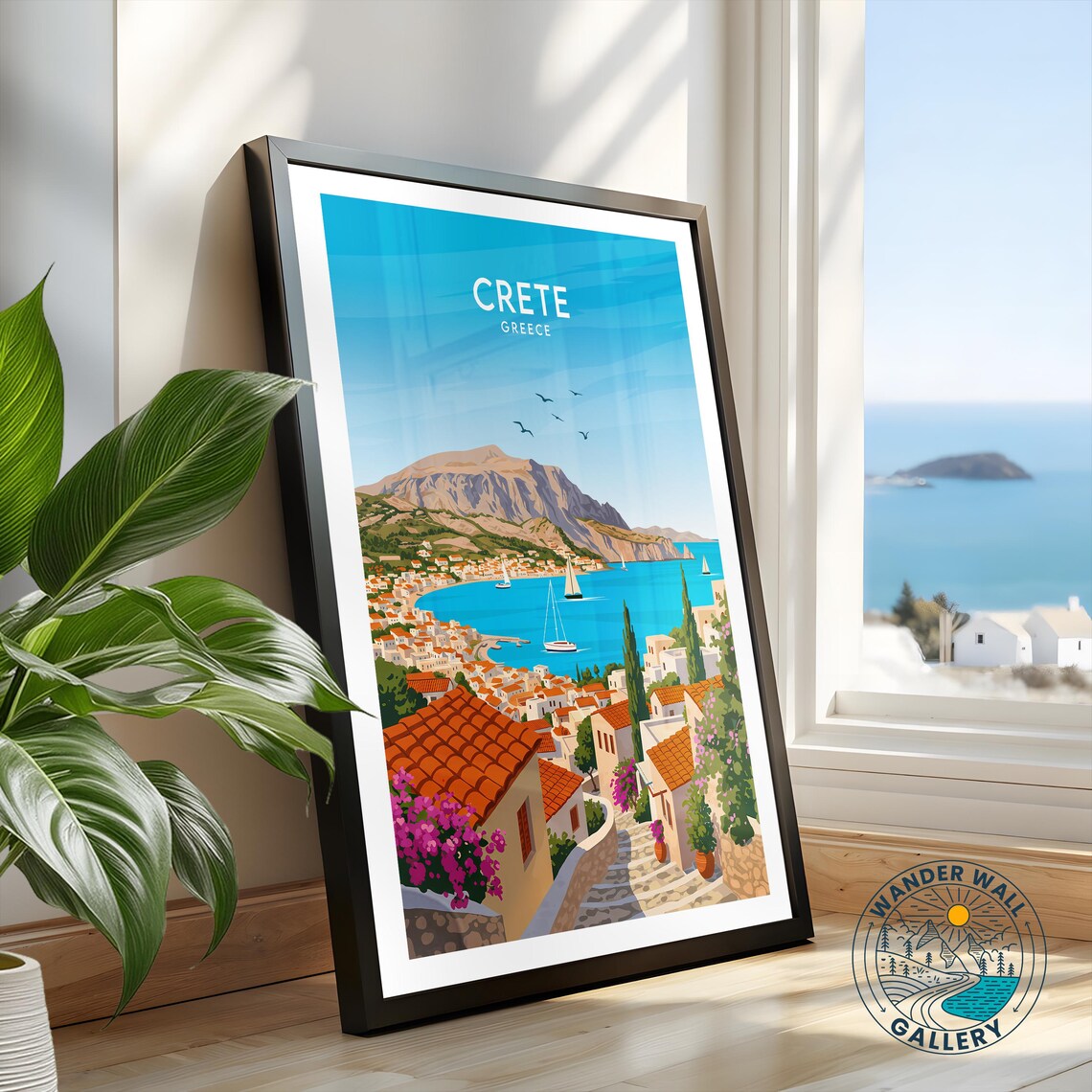 Crete Greece Coastal Town Sailboats White Buildings Blue Sea Poster - Image 2