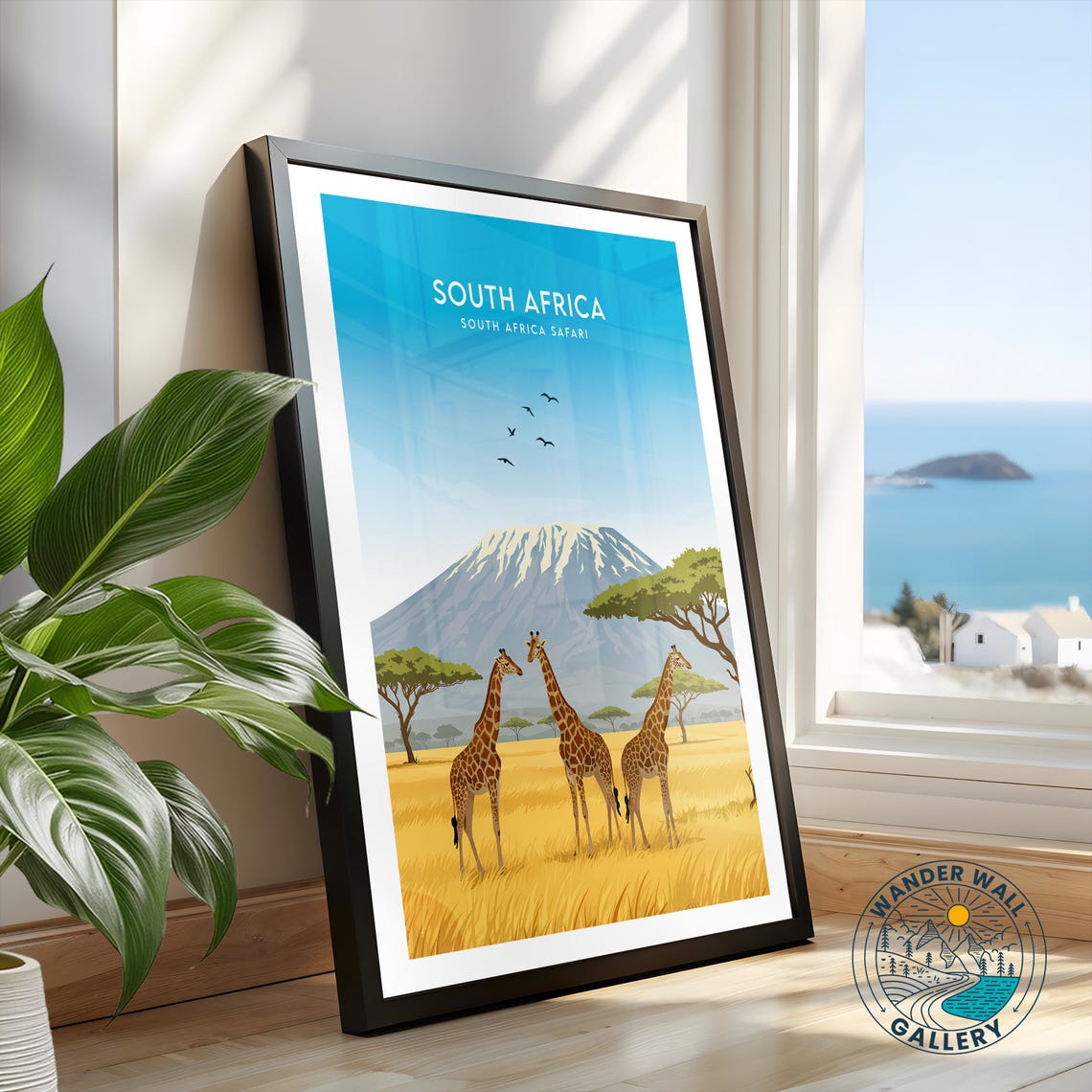 South Africa Safari Giraffes Savanna Acacia Mountain Sunset Poster - Image 2