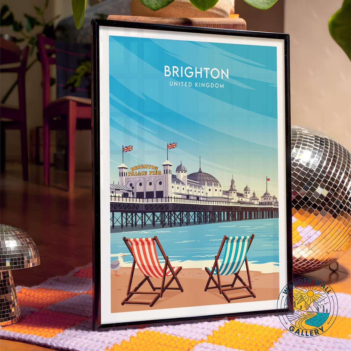 Brighton England Palace Pier Beach Chairs Retro Travel Poster - Image 4