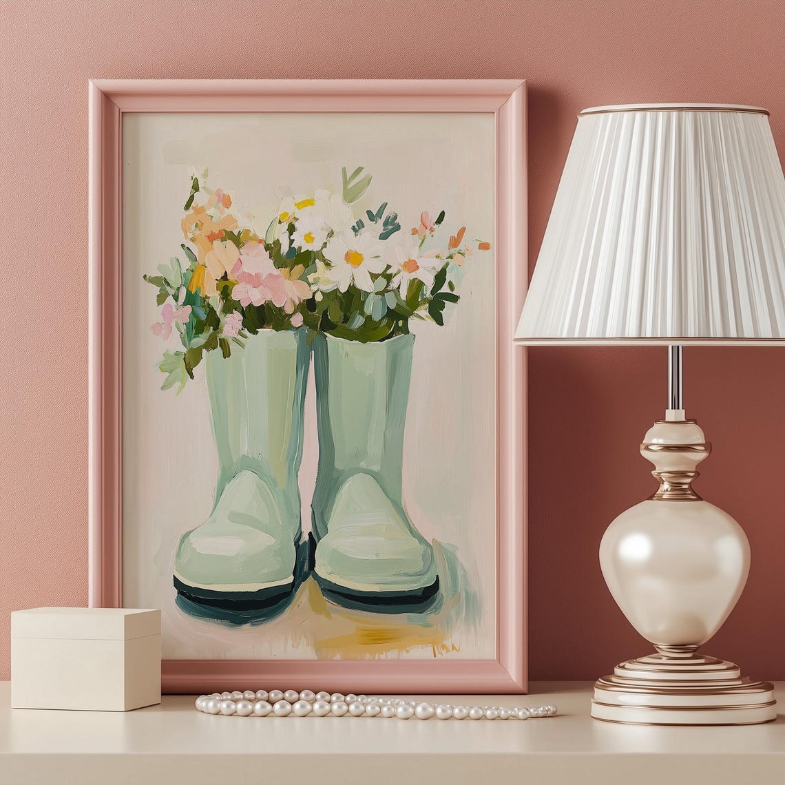 Sage Green Rain Boots Spring Flowers Watercolor Garden Art Print - Image 3