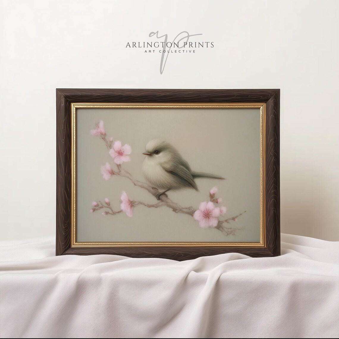 Bird On Cherry Blossom Branch, Vintage Spring Art