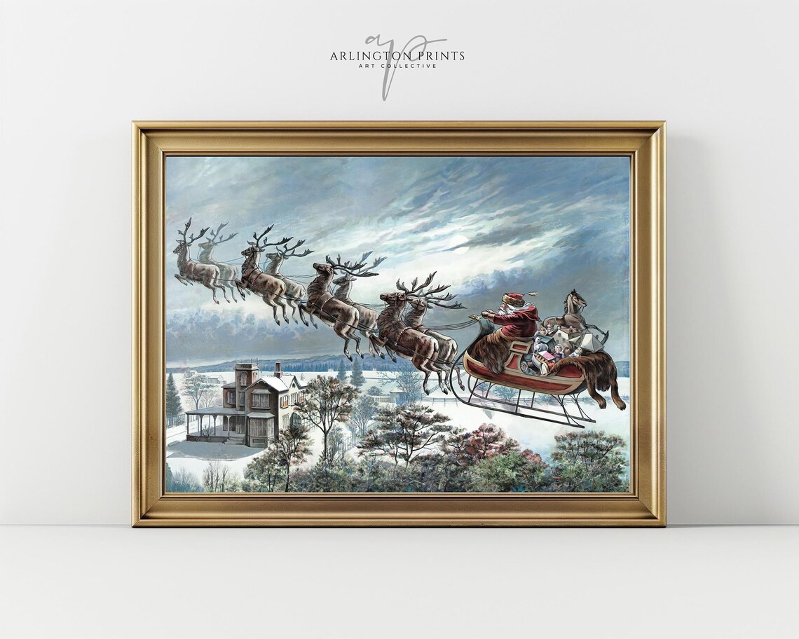 Vintage Santa Claus Christmas Reindeer Sleigh Poster