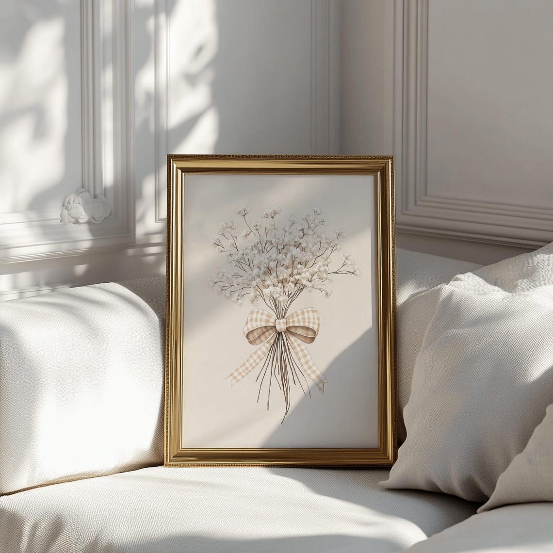 White Baby's Breath Bouquet with Gingham Bow Soft Neutral Wall Art - Image 3