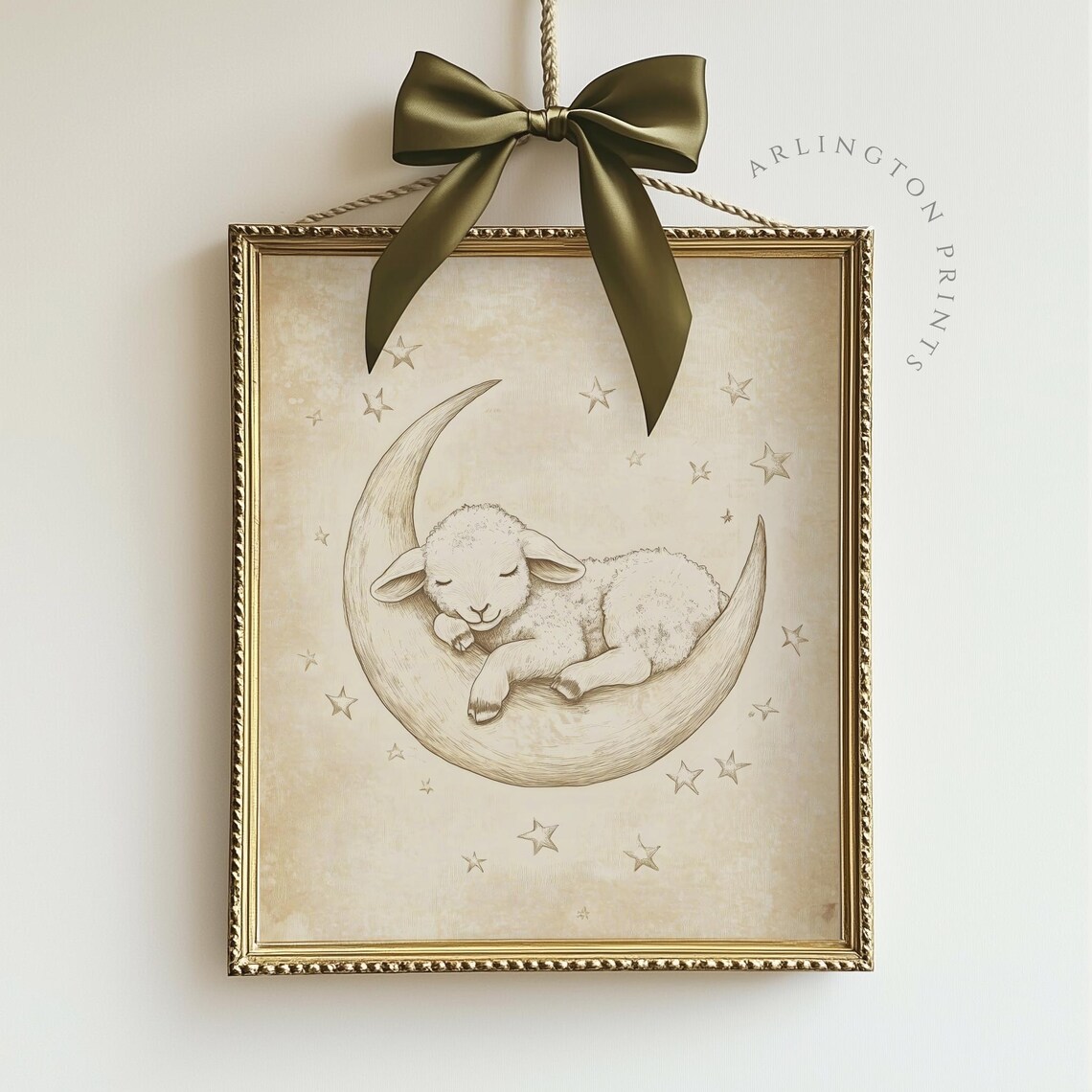 Sleeping Lamb On Crescent Moon With Stars Vintage Nursery Poster