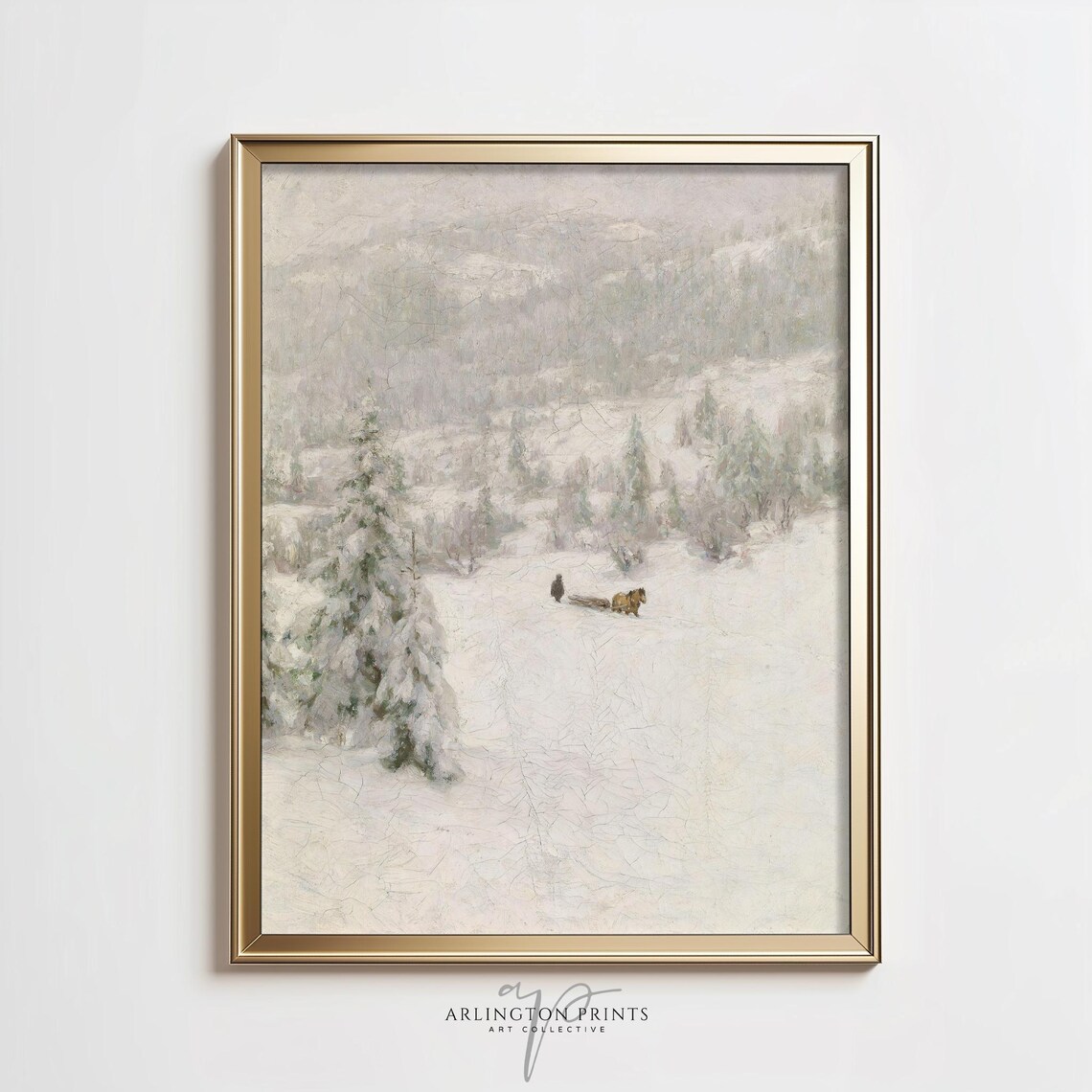 Snowy Winter Landscape with Horse Drawn Sled Vintage Oil Poster