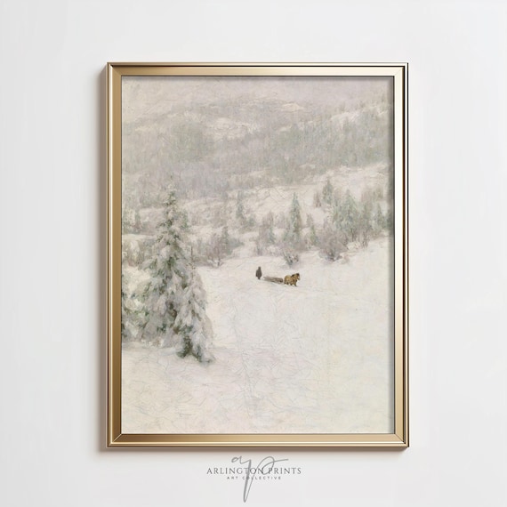 Snowy Winter Landscape with Horse Drawn Sled Vintage Oil Poster