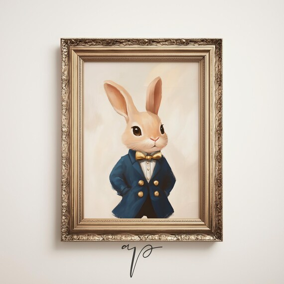 Gentleman Bunny in Blue Jacket Gold Bow Tie Portrait Nursery Poster