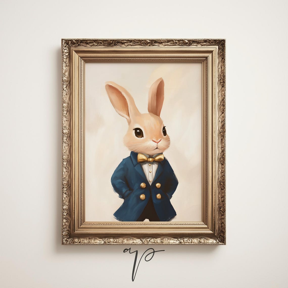 Gentleman Bunny in Blue Jacket Gold Bow Tie Portrait Nursery Poster