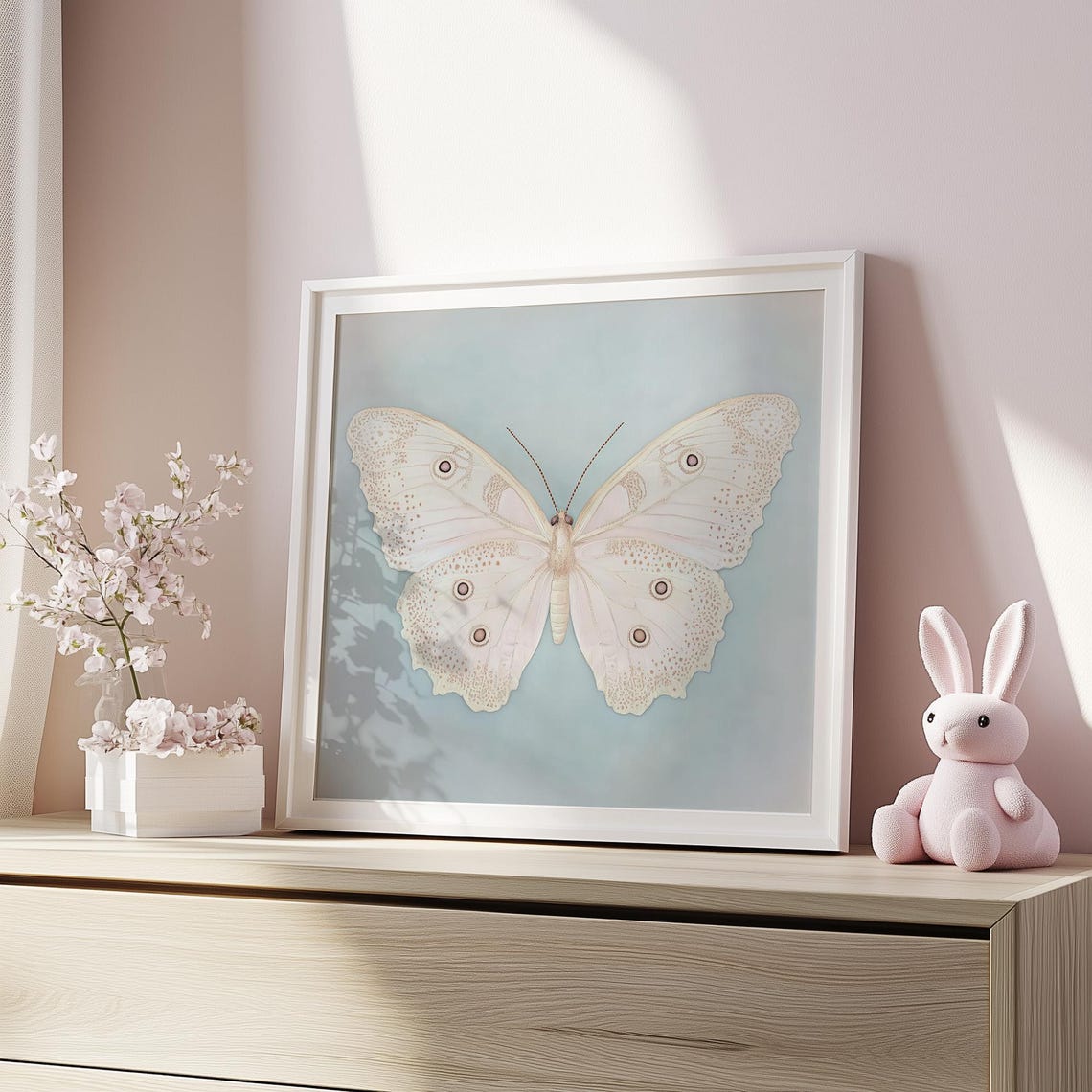 White Butterfly Specimen On Pale Blue Vintage Insect Art Poster - Image 2