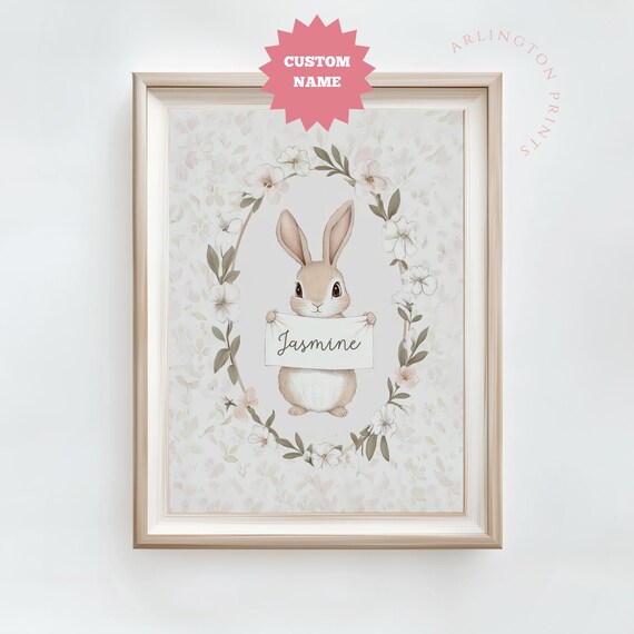 Personalized Bunny Holding Name Banner Floral Wreath Nursery Decor Poster