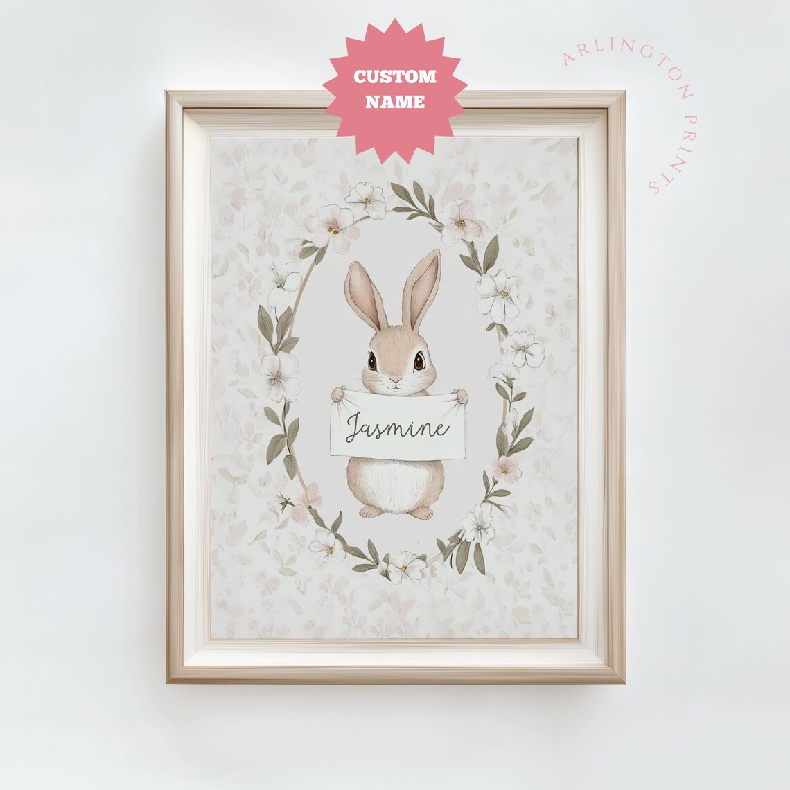 Personalized Bunny Holding Name Banner Floral Wreath Nursery Decor Poster