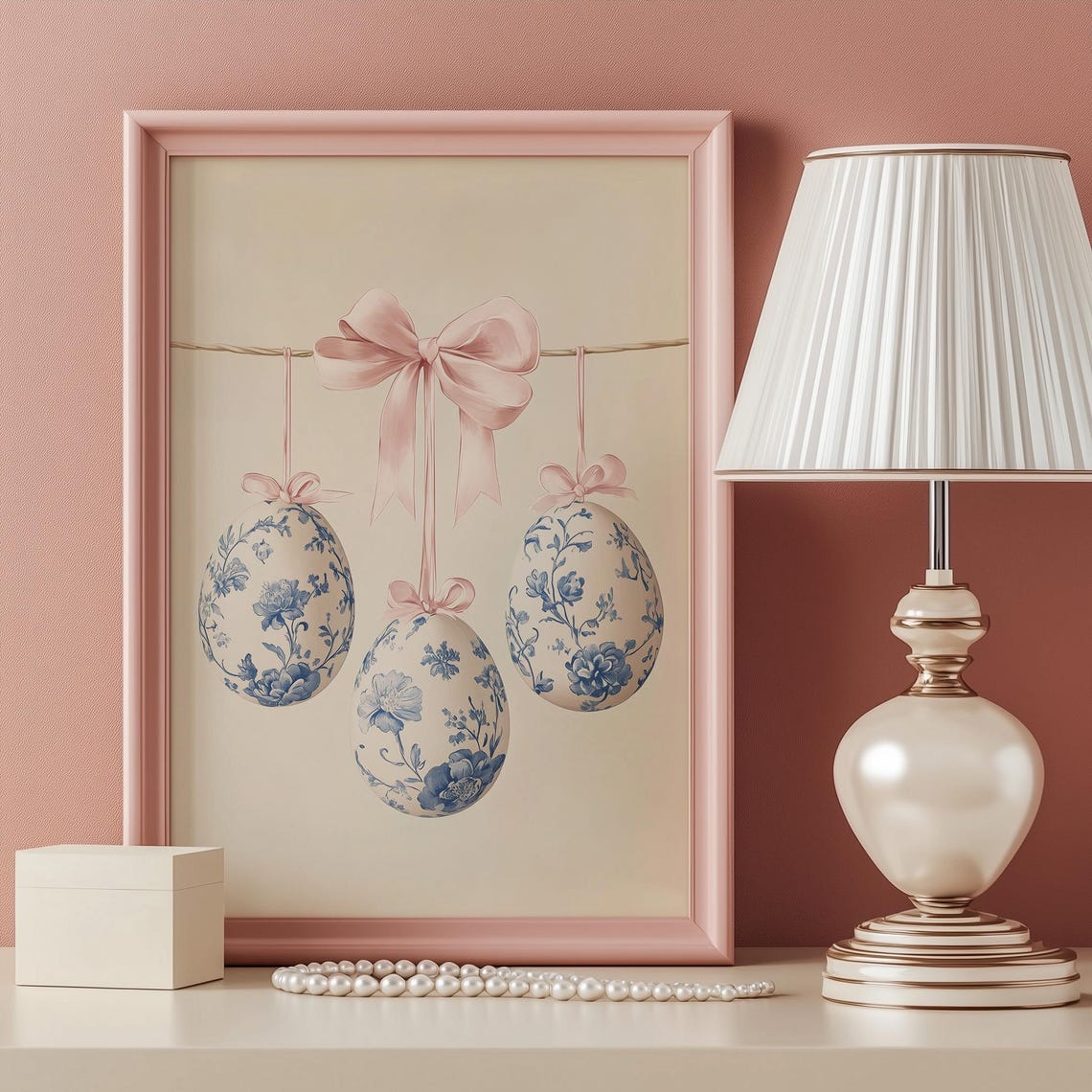 Blue Floral Chinoiserie Easter Eggs Pink Bow Spring Wall Art - Image 2