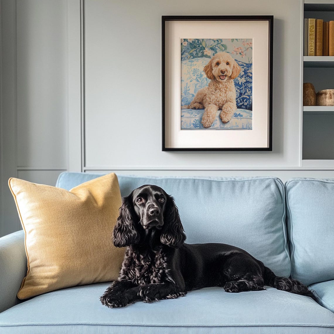 Golden Doodle Puppy On Blue Chinoiserie Floral Couch Dog Poster - Image 4