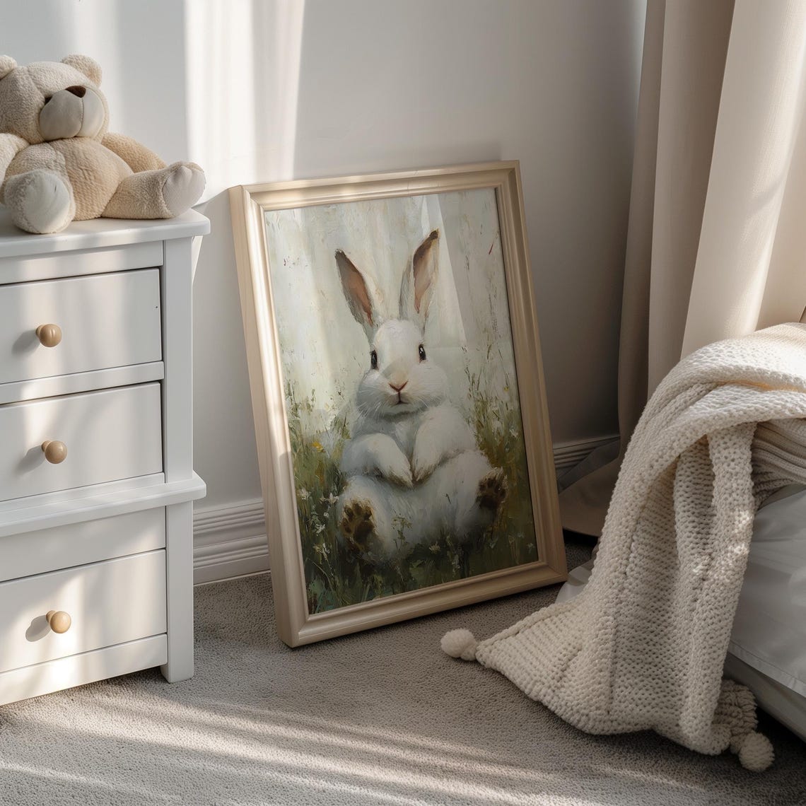 Adorable Chubby White Bunny Sitting Meadow Easter Art Poster - Image 2
