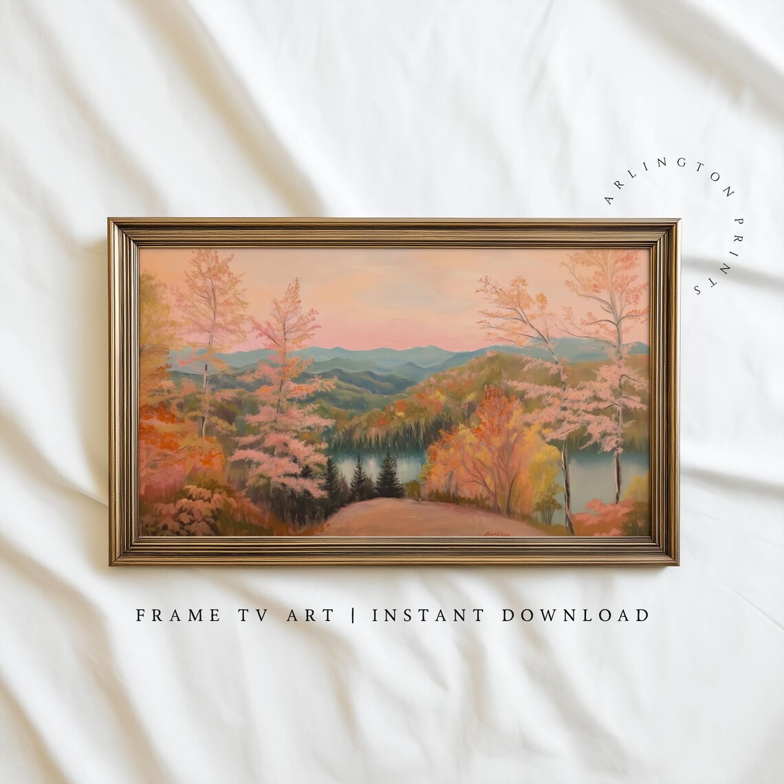 Pink Autumn Forest Lake Sunset Mountain Landscape Thanksgiving Wall Art