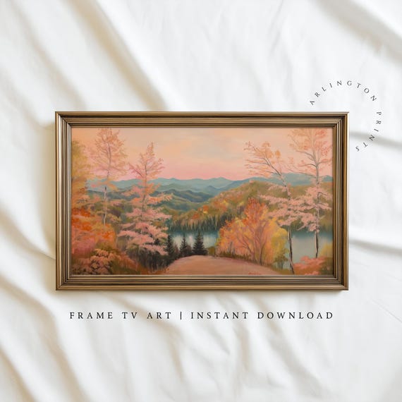 Samsung Frame Tv Art Pink Fall Landscape Painting Autumn Forest Lake Thanksgiving Tv502