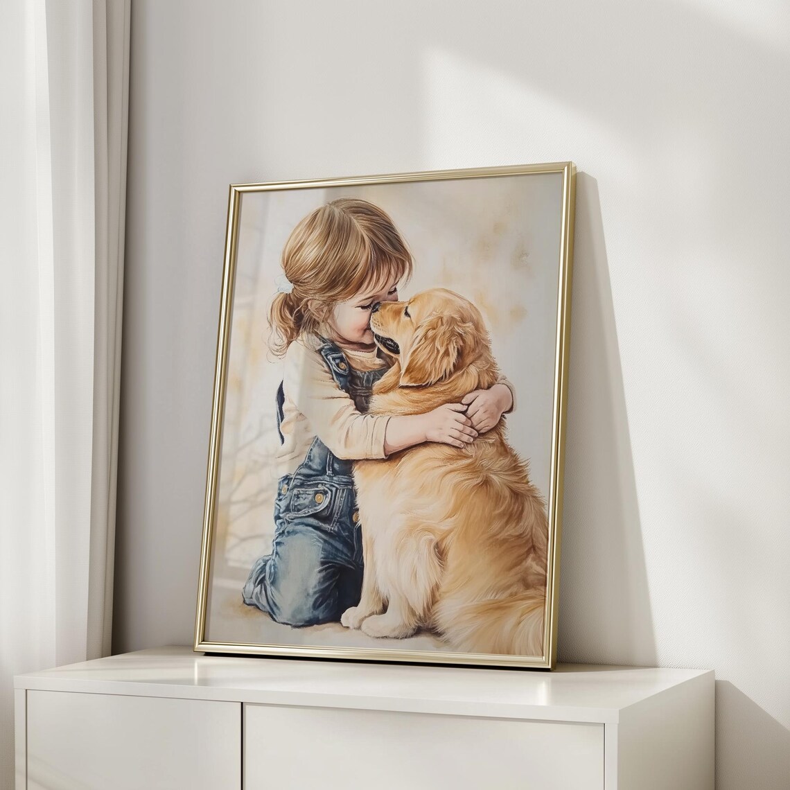 Little Girl Hugging Golden Retriever Puppy Tender Watercolor Poster - Image 4