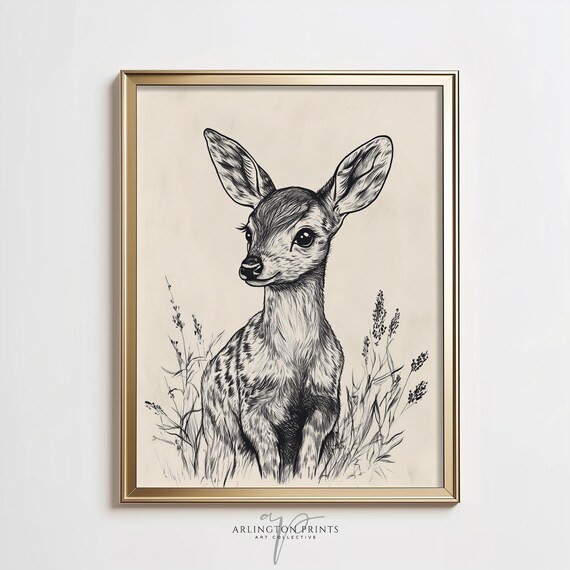 Antique Baby Fawn Sketch Deer Woodland Nursery Vintage Poster