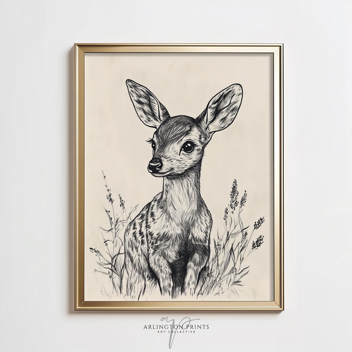 Antique Baby Fawn Sketch Deer Woodland Nursery Vintage Poster