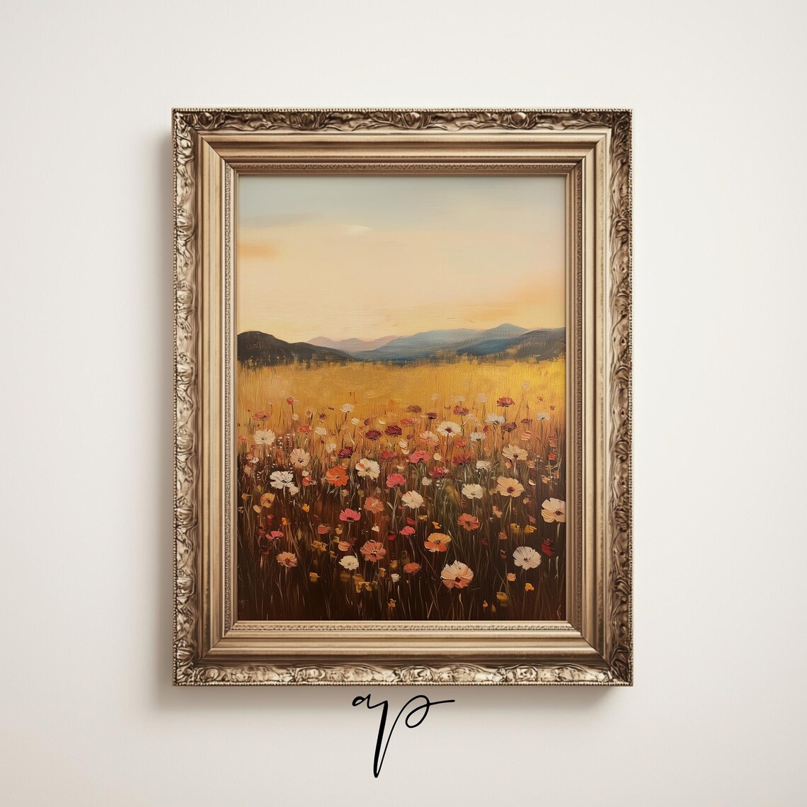 Sunset Wildflower Meadow Golden Field Mountain Landscape Art Poster