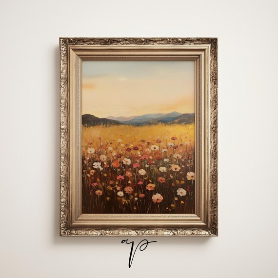 Sunset Wildflower Meadow Golden Field Mountain Landscape Art Poster