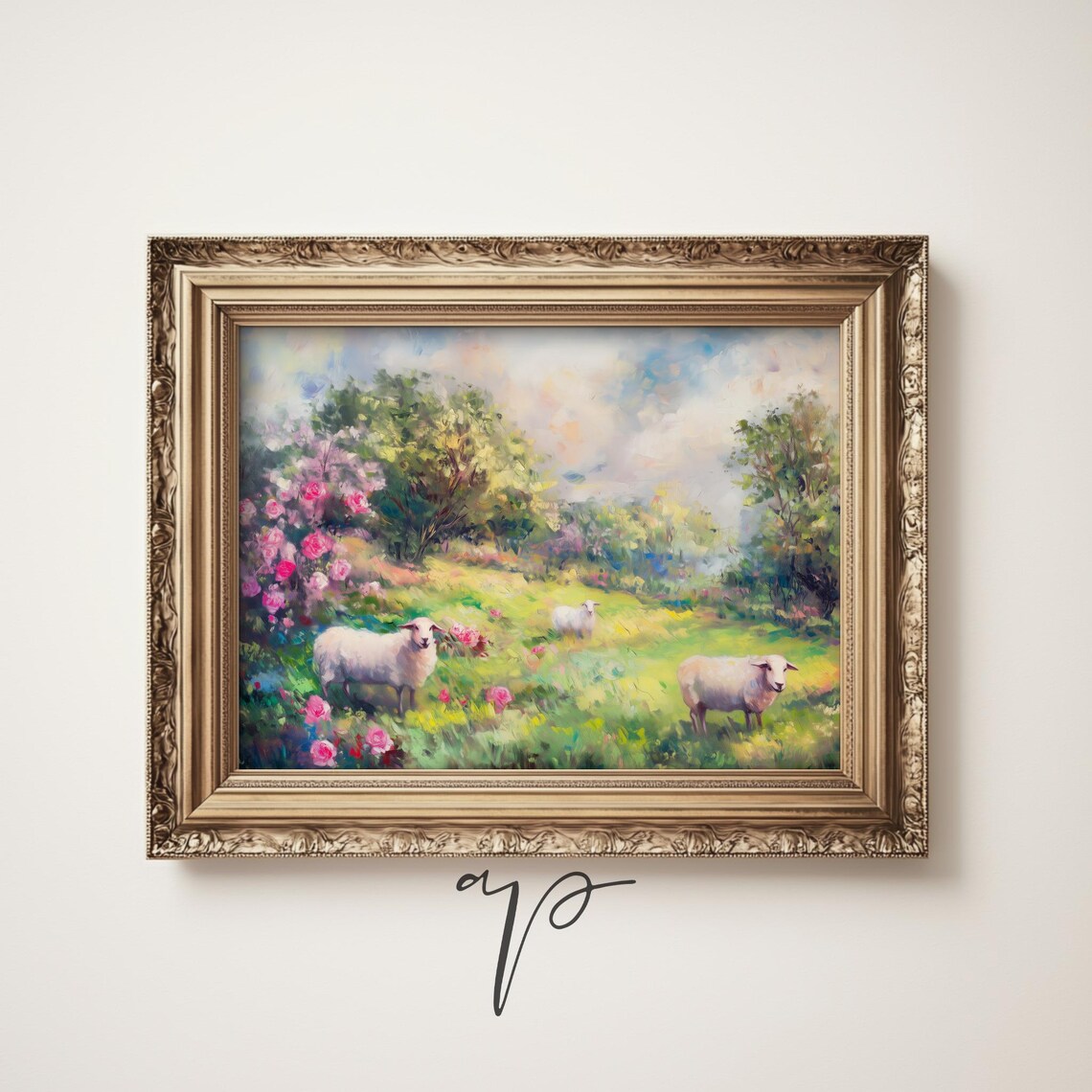 Sheep Grazing in Flower Meadow Impressionist Oil Pastoral Art Poster - Image 4