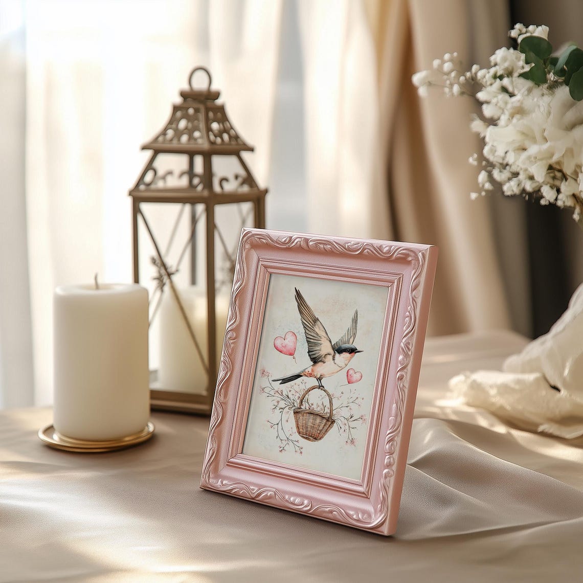 Valentine Swallow on Flower Basket Hearts Watercolor Love Poster - Image 3