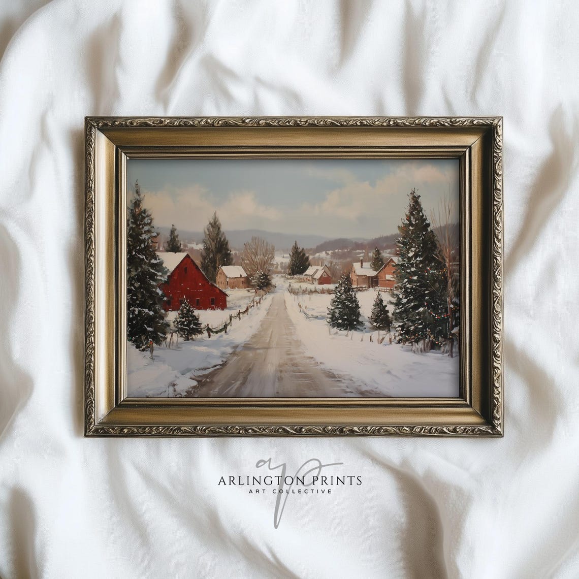 Snowy Country Road Past Red Barns Vintage Winter Farm Poster