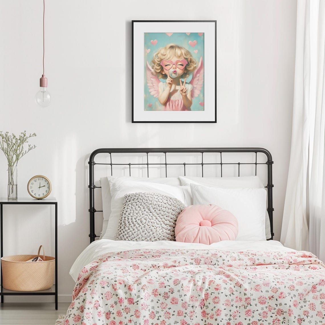Pastel Pink Little Girl Cupid Poster Nursery Art Pink Blue Kids Room Painting Girls Nursery Playroom Art - Image 3