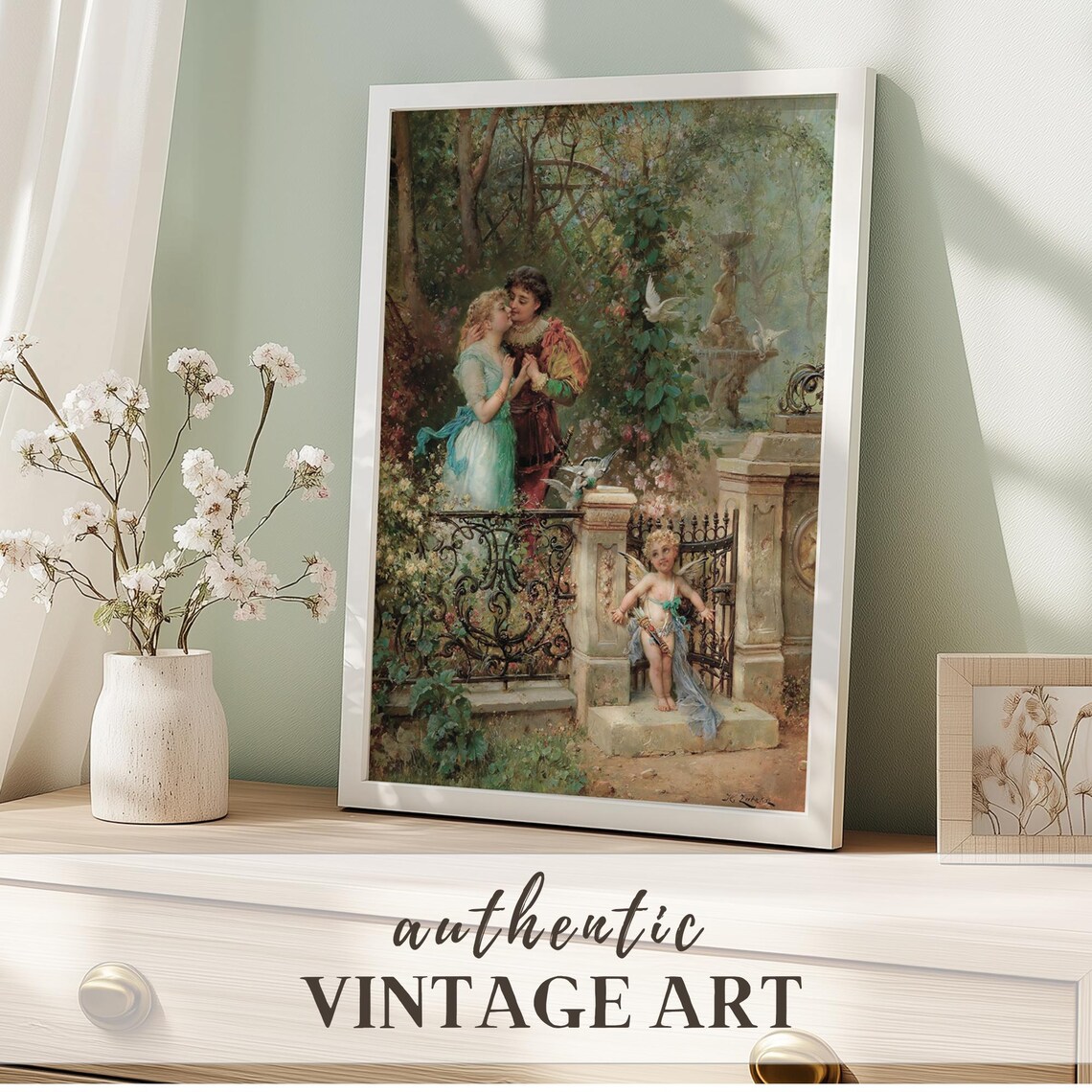 Romantic Garden Lovers Kiss Cherub Vintage Classic Oil Painting Poster - Image 2