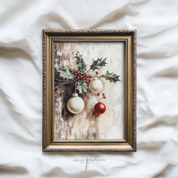 Rustic Christmas Holly Baubles Painting Poster Beige Cabin Wall Decor Art