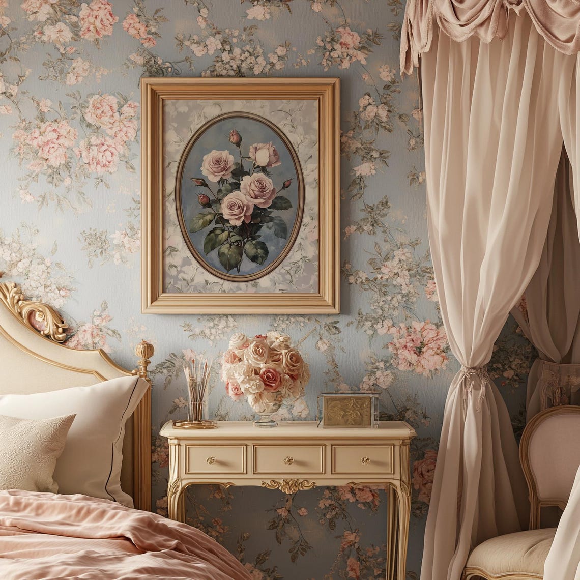 Vintage Pink Roses Oval Frame Romantic Floral Wallpaper Wall Art - Image 3