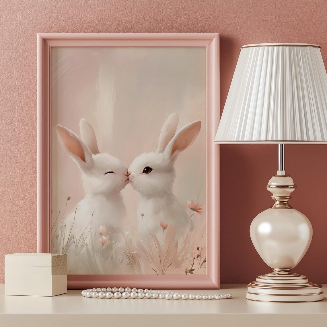Two White Bunnies Nuzzling Pink Spring Meadow Nursery Poster - Image 2