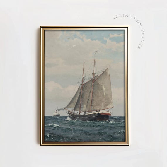 Vintage Ship Painting Rustic Seascape Art Print