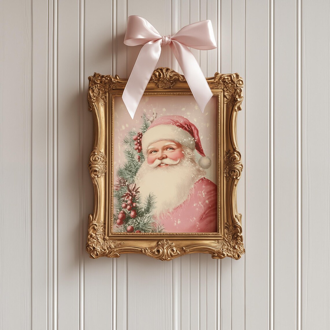 Vintage Pink Santa Claus Wall Art Retro Classic Santa Poster Girly Christmas Print Seasonal Holiday Decor Pink Christmas Art - Image 2