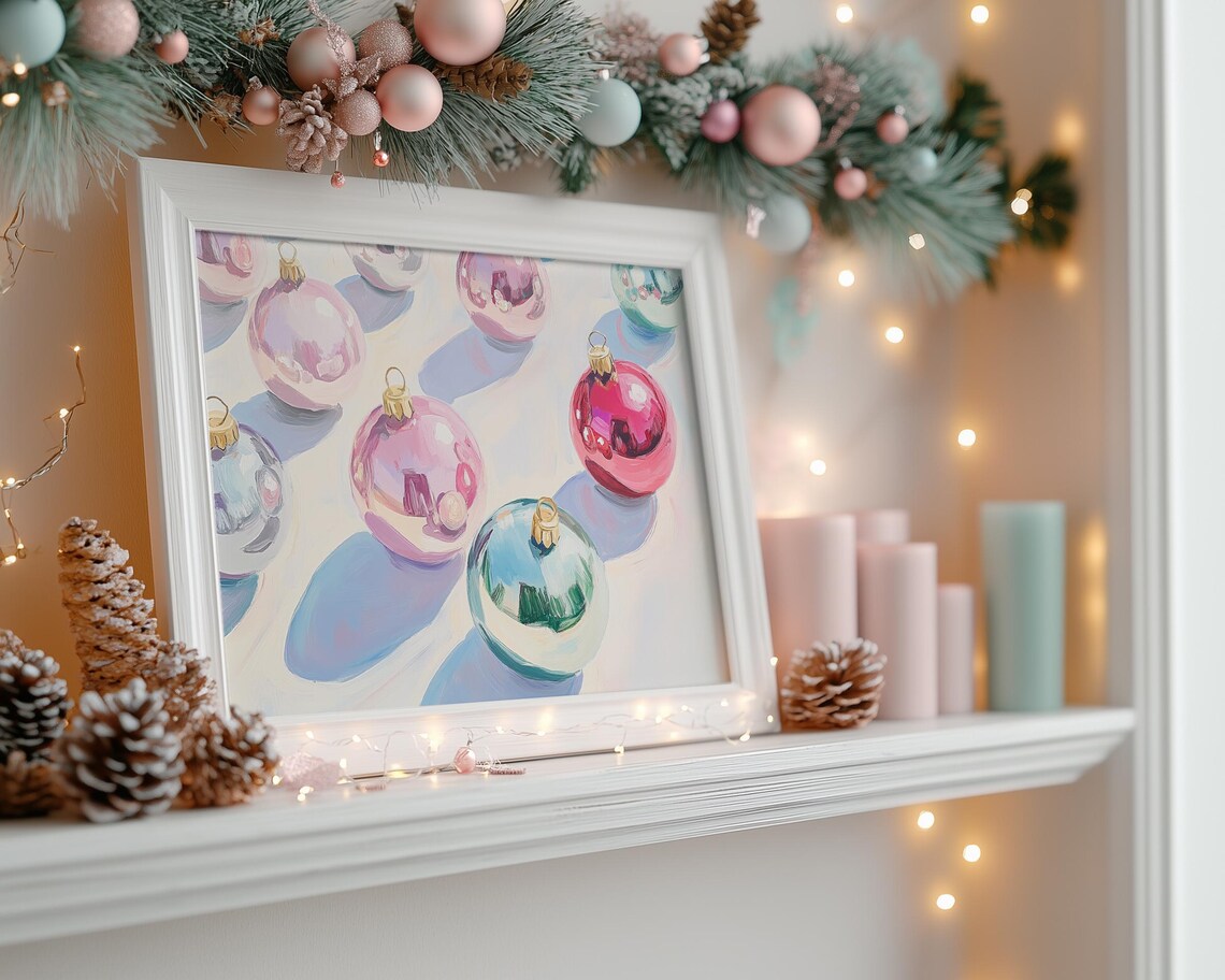 Pastel Glass Baubles Pink Blue Shadows Watercolor Ornament Art Poster - Image 3