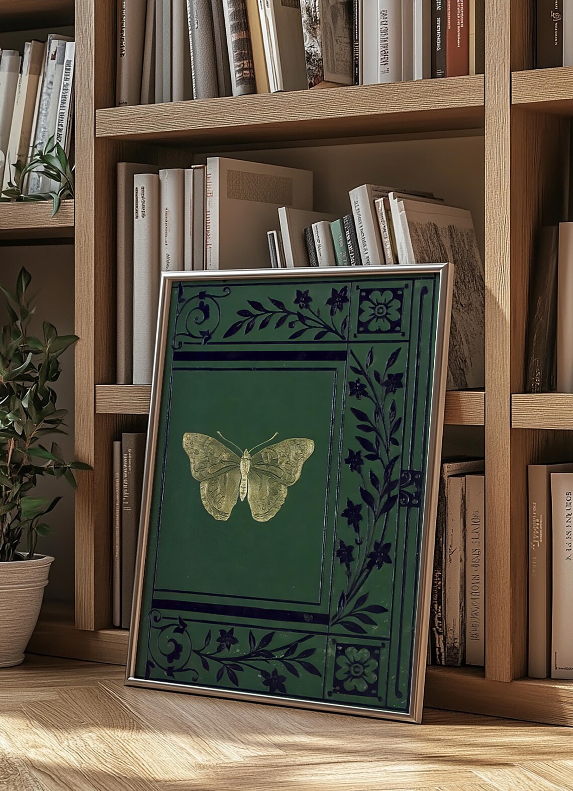 Vintage Green Book Cover With Gold Butterfly Library Art Poster - Image 4