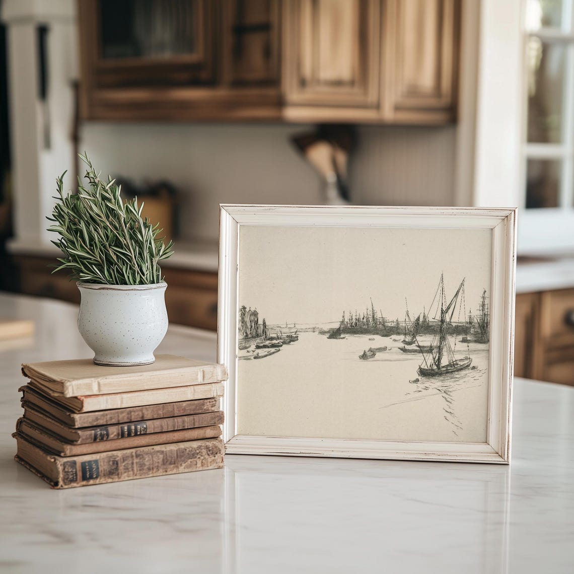 Antique Harbor Sketch Etching Sailboats Ships Ink Drawing Poster - Image 4
