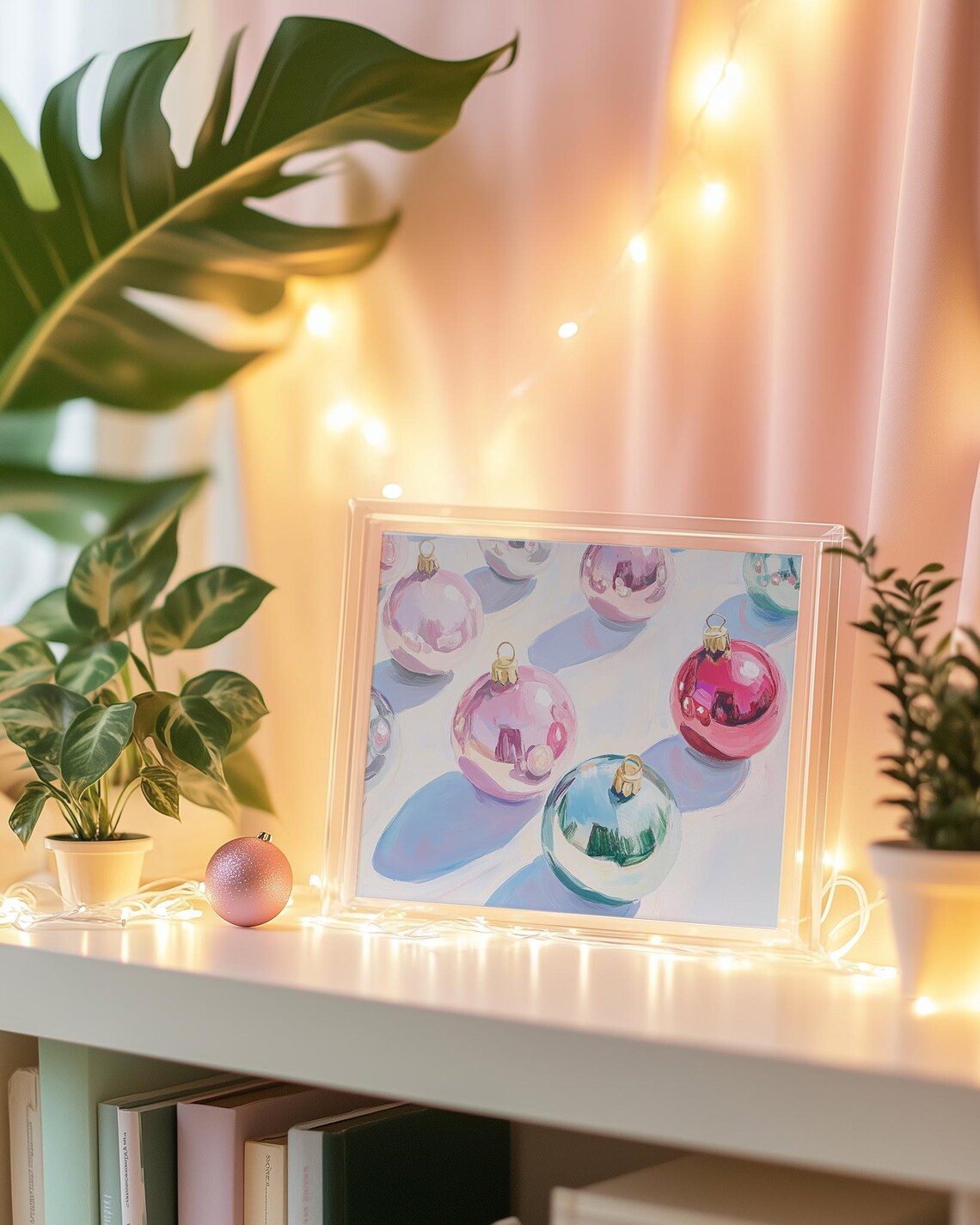 Pastel Glass Baubles Pink Blue Shadows Watercolor Ornament Art Poster - Image 4