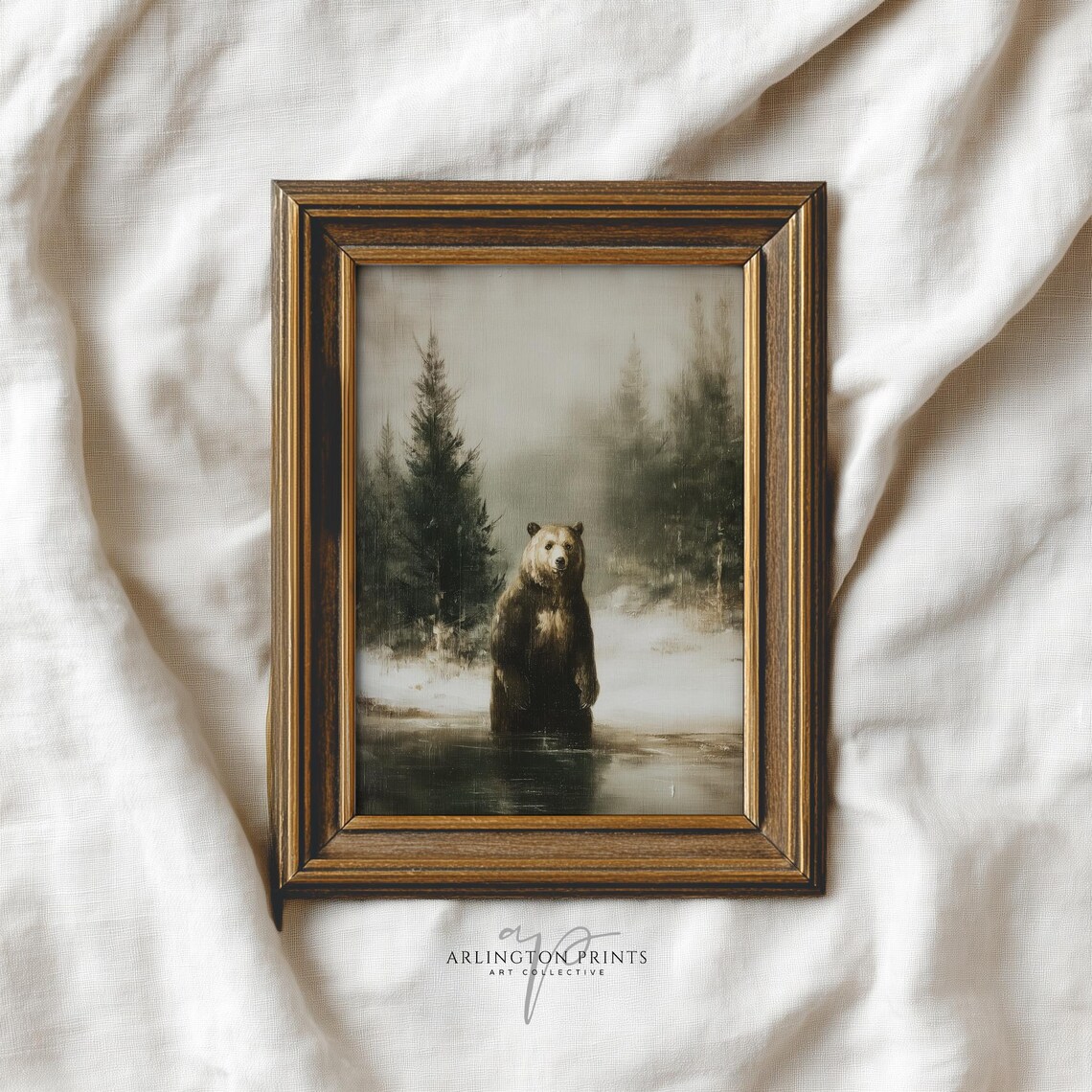 Brown Bear Standing In Misty Forest Water Vintage Painting Poster