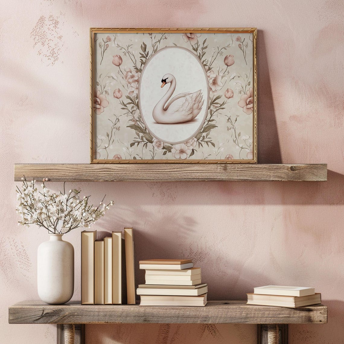 Graceful White Swan Oval Medallion Blush Floral Pattern Wall Print - Image 4