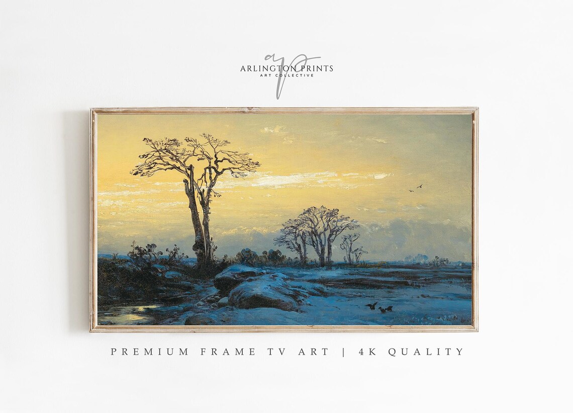 Vintage Winter Sunset Snowy Field Golden Sky Landscape Poster