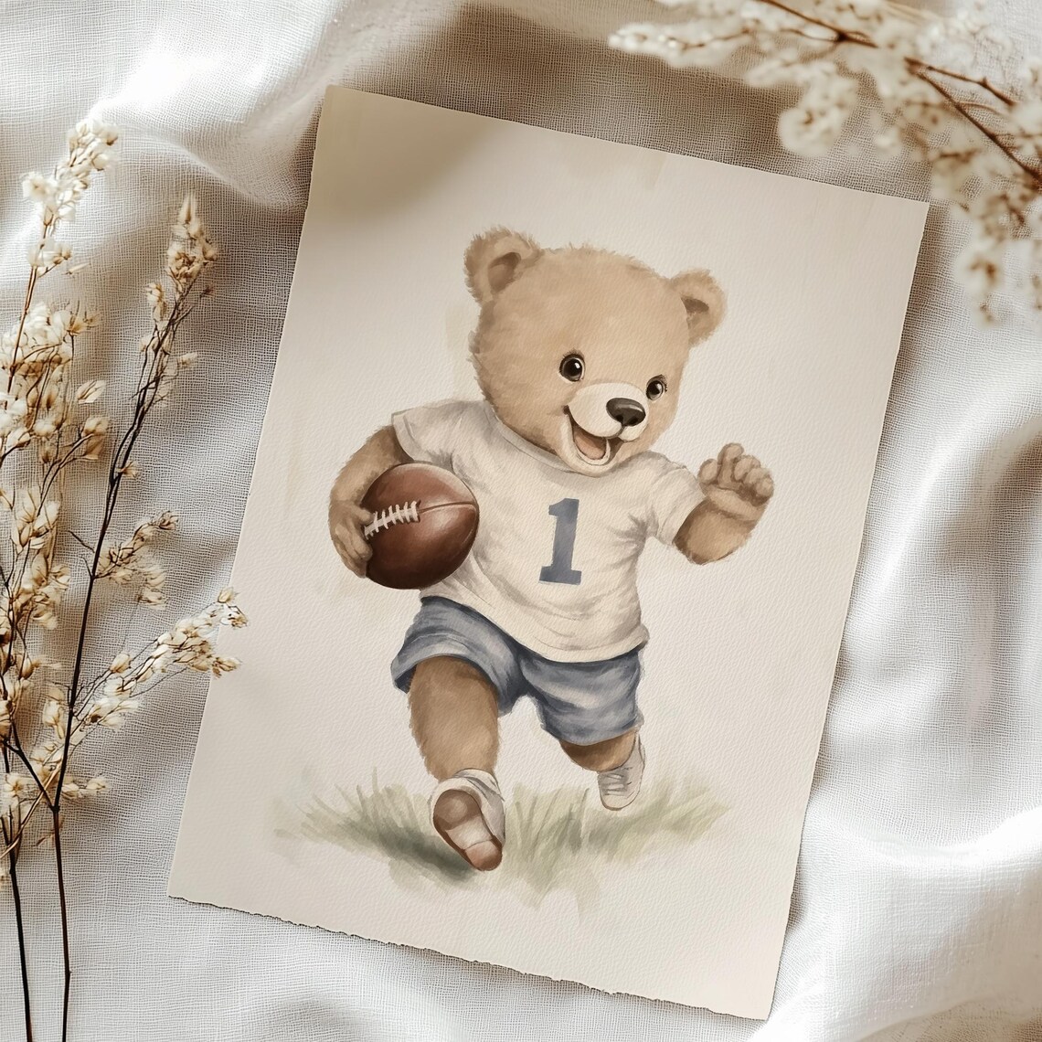 Teddy Bear Running With Football Jersey Number 1 Nursery Art Poster - Image 4