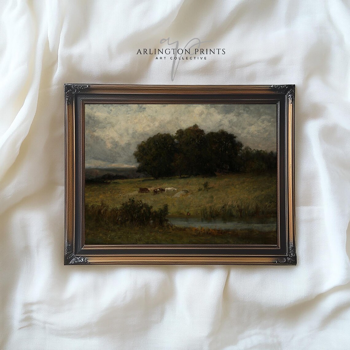 Moody Grazing Cows Dark Meadow Landscape Oil Painting Poster - Image 4